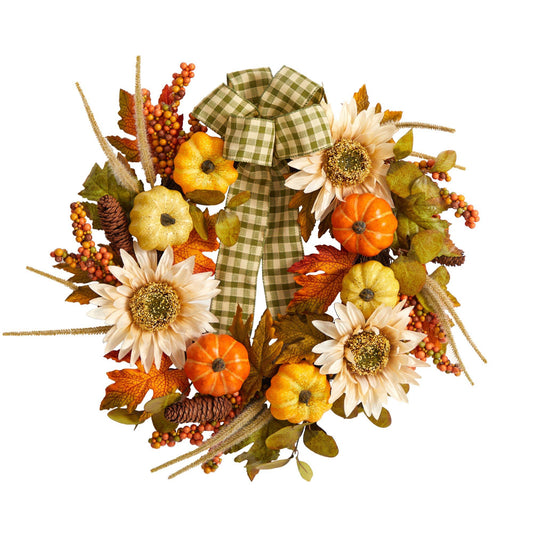 24" Fall Sunflower Pumpkin Wreath with Decorative Ribbon