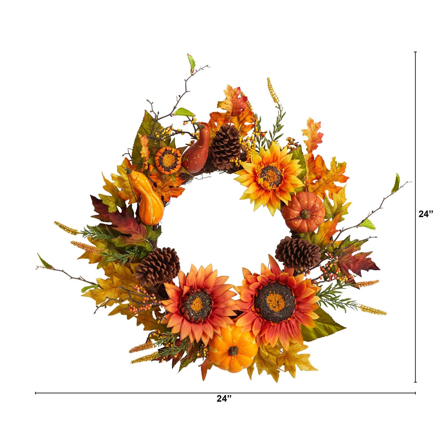 24" Fall Sunflower Pumpkin Pinecone and Berries Wreath