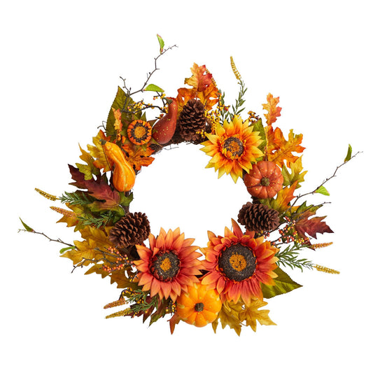 24" Fall Sunflower Pumpkin Pinecone and Berries Wreath