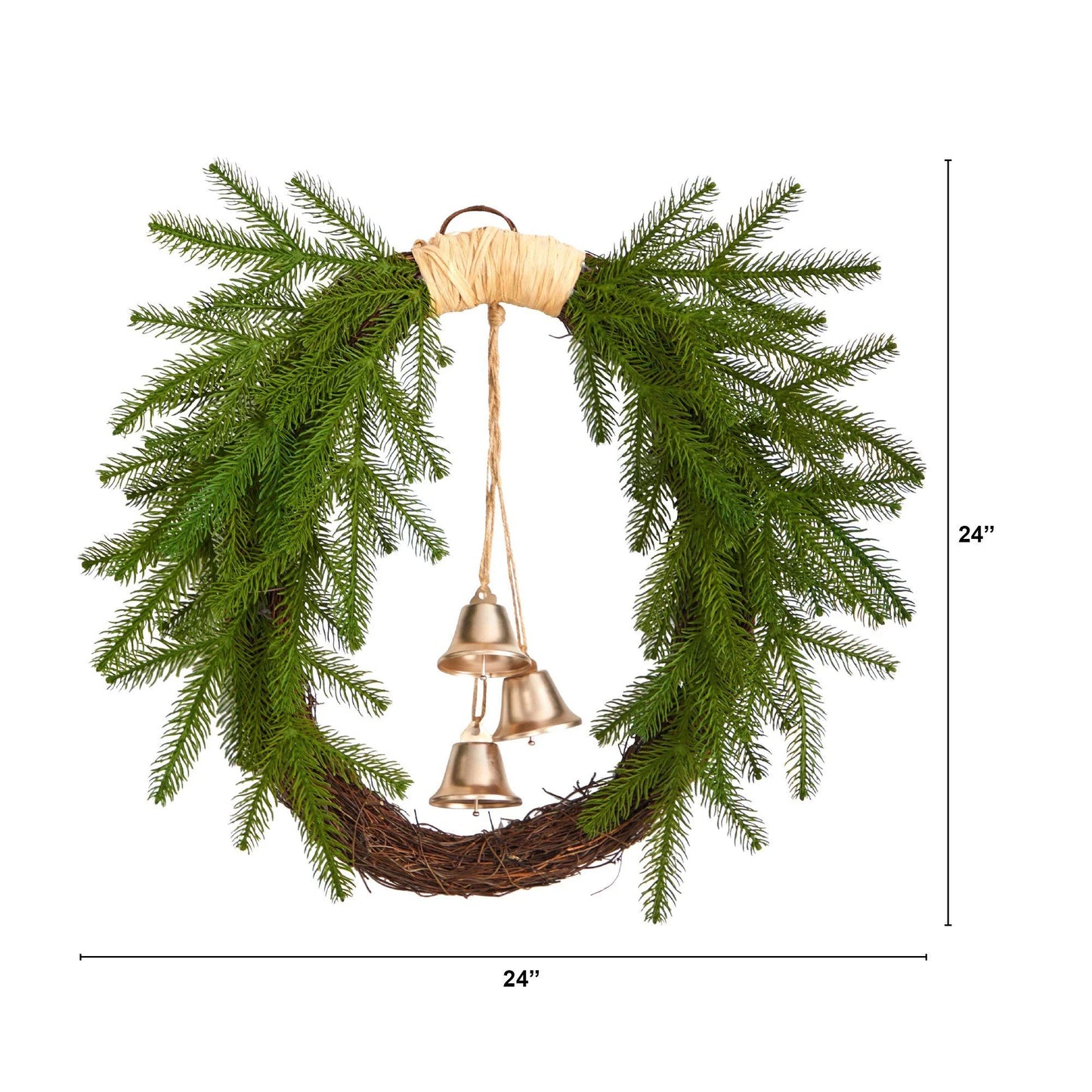 24" Holiday Christmas Pine and Hanging Bells Wreath