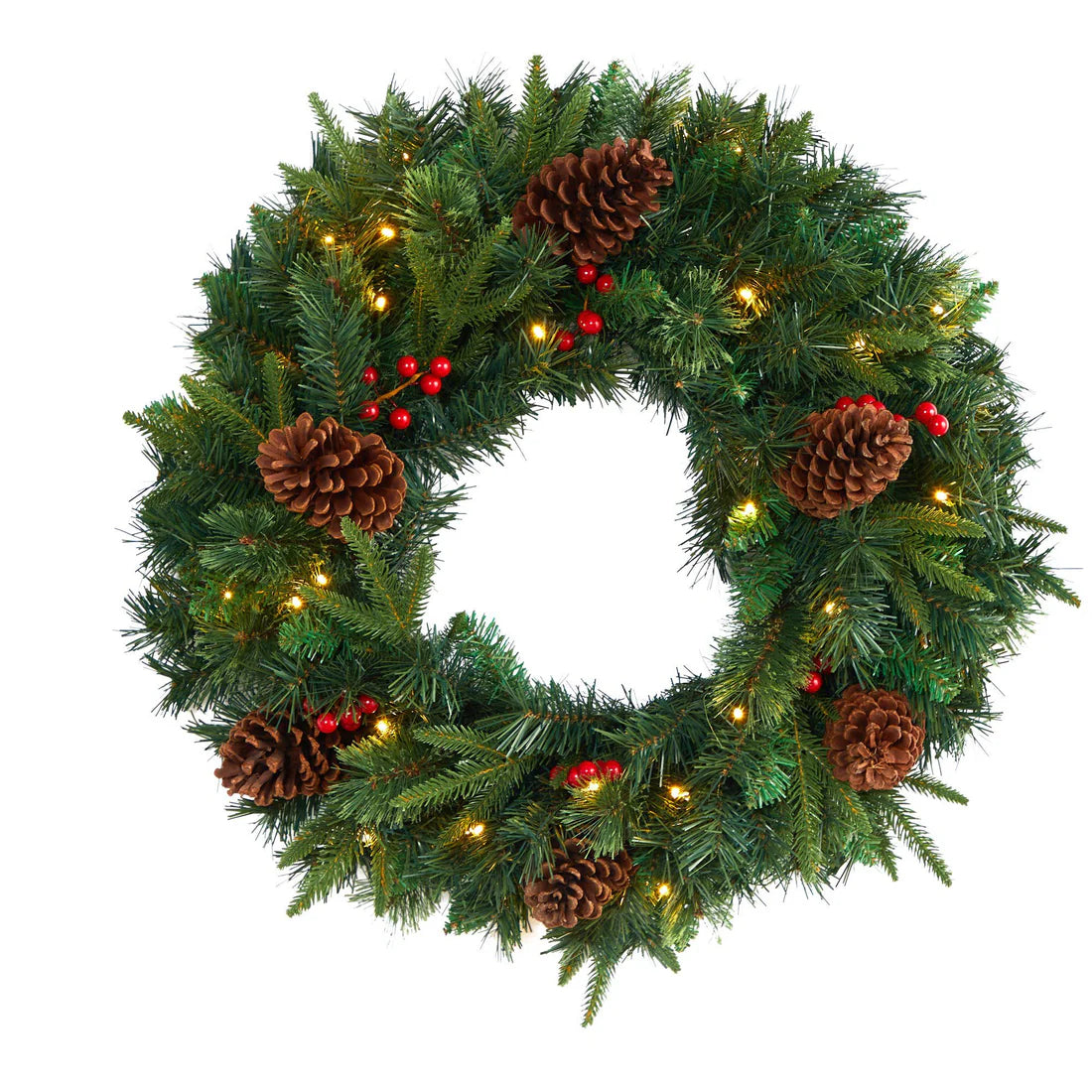 24" Mixed Pine Christmas Wreath w/35 Clear LEDs and Berries