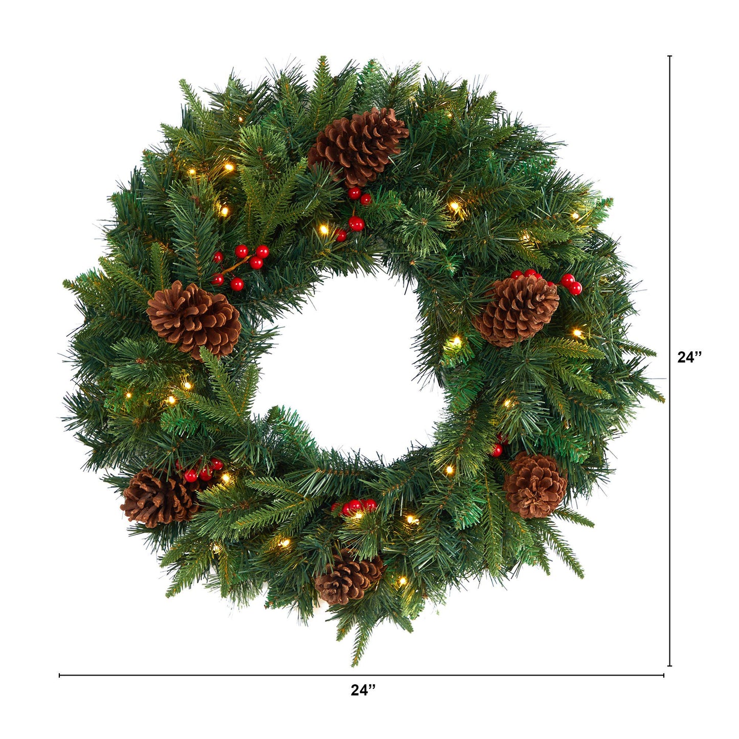 24" Mixed Pine Christmas Wreath w/35 Clear LEDs and Berries