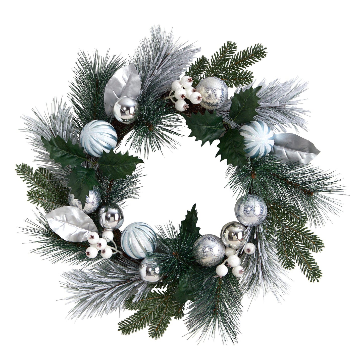 24" Pinecones & Berries Christmas Wreath w/Silver Ornaments