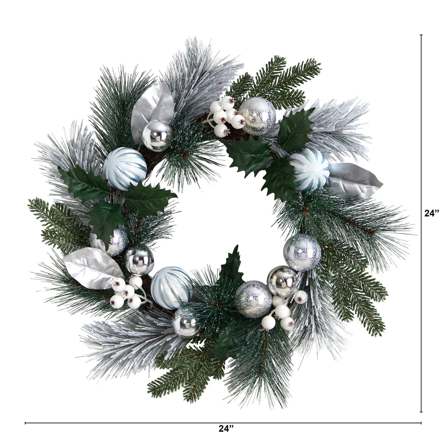 24" Pinecones & Berries Christmas Wreath w/Silver Ornaments