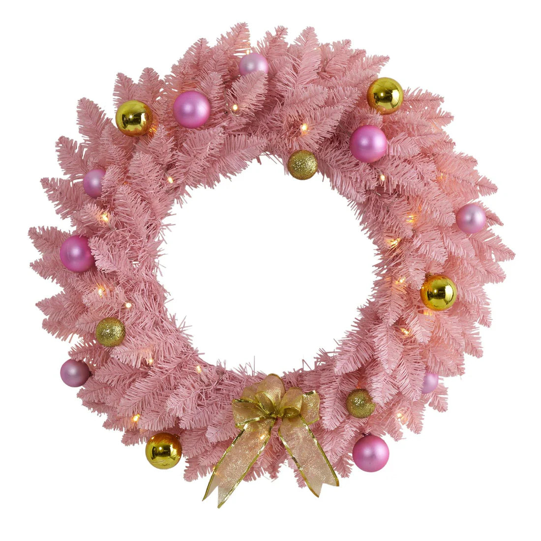 24" Pink Christmas Wreath with 35 LED Lights and Ornaments