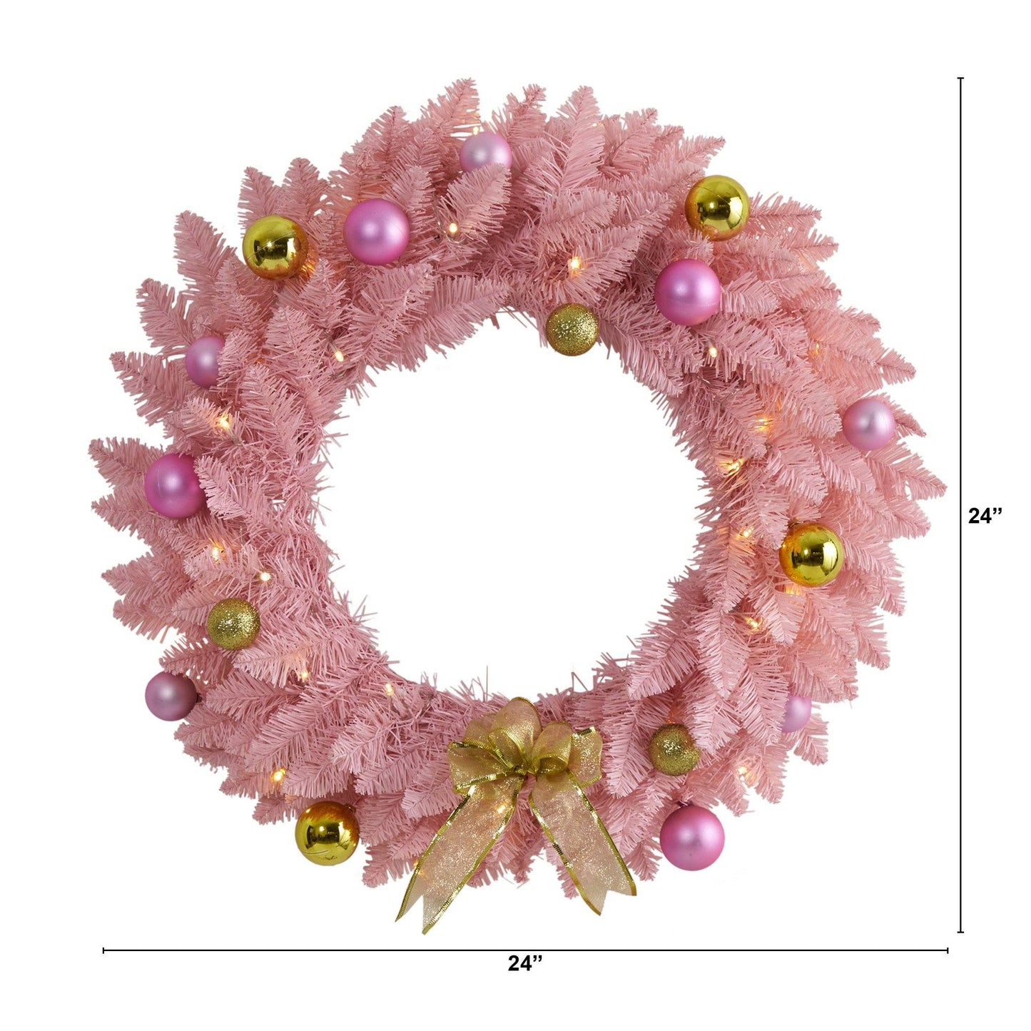 24" Pink Christmas Wreath with 35 LED Lights and Ornaments