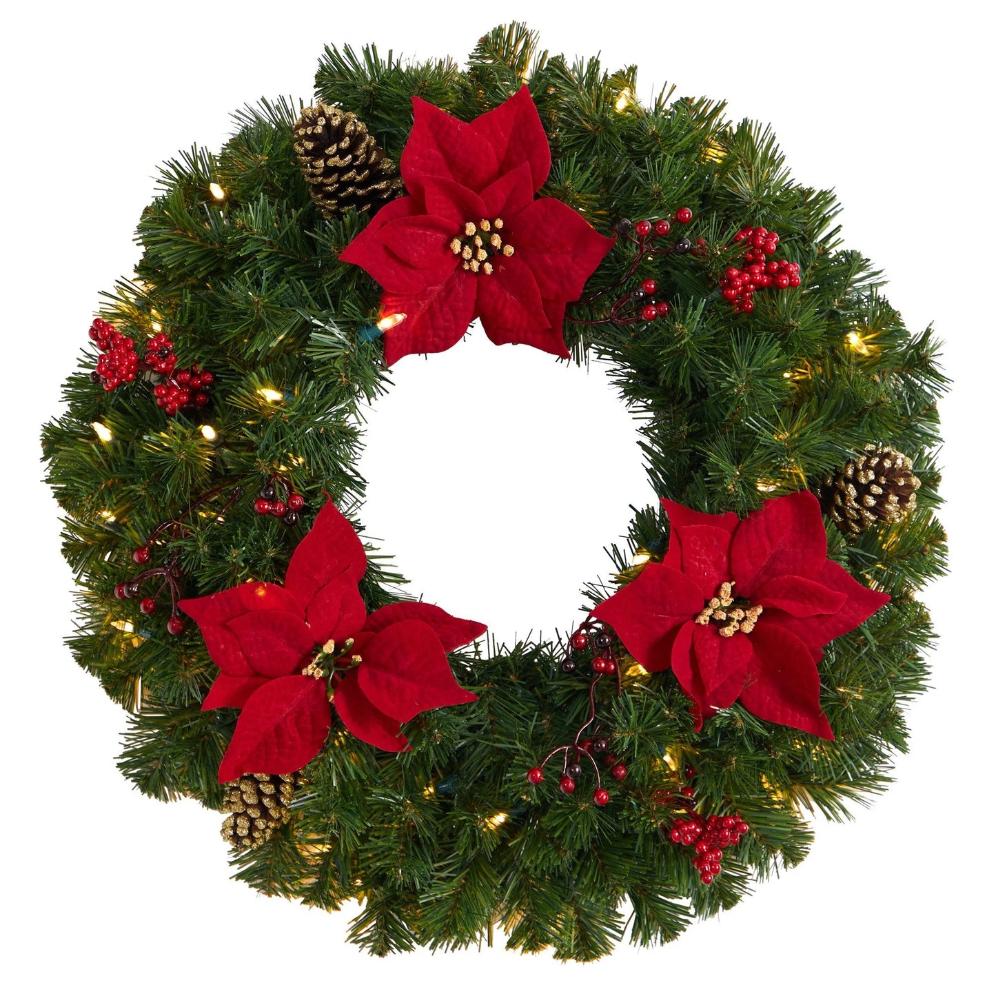 24" Poinsettia Berry and Pinecone Wreath w/50 LED Lights