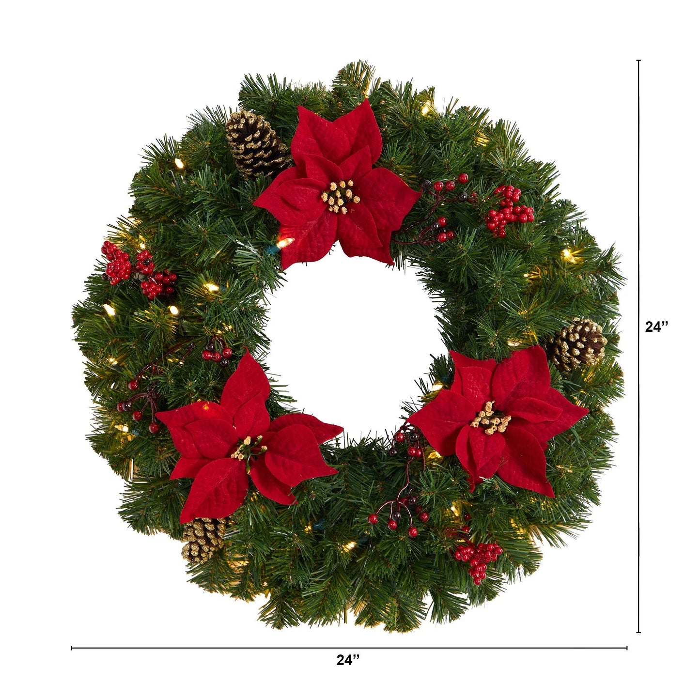 24" Poinsettia Berry and Pinecone Wreath w/50 LED Lights