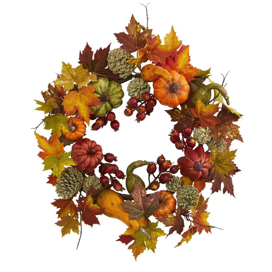 24" Pumpkin Gourd Berry and Maple Leaf Wreath