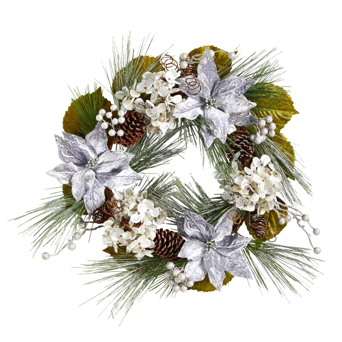 24" Silver Poinsettia Hydrangea and Pinecones Xmas Wreath