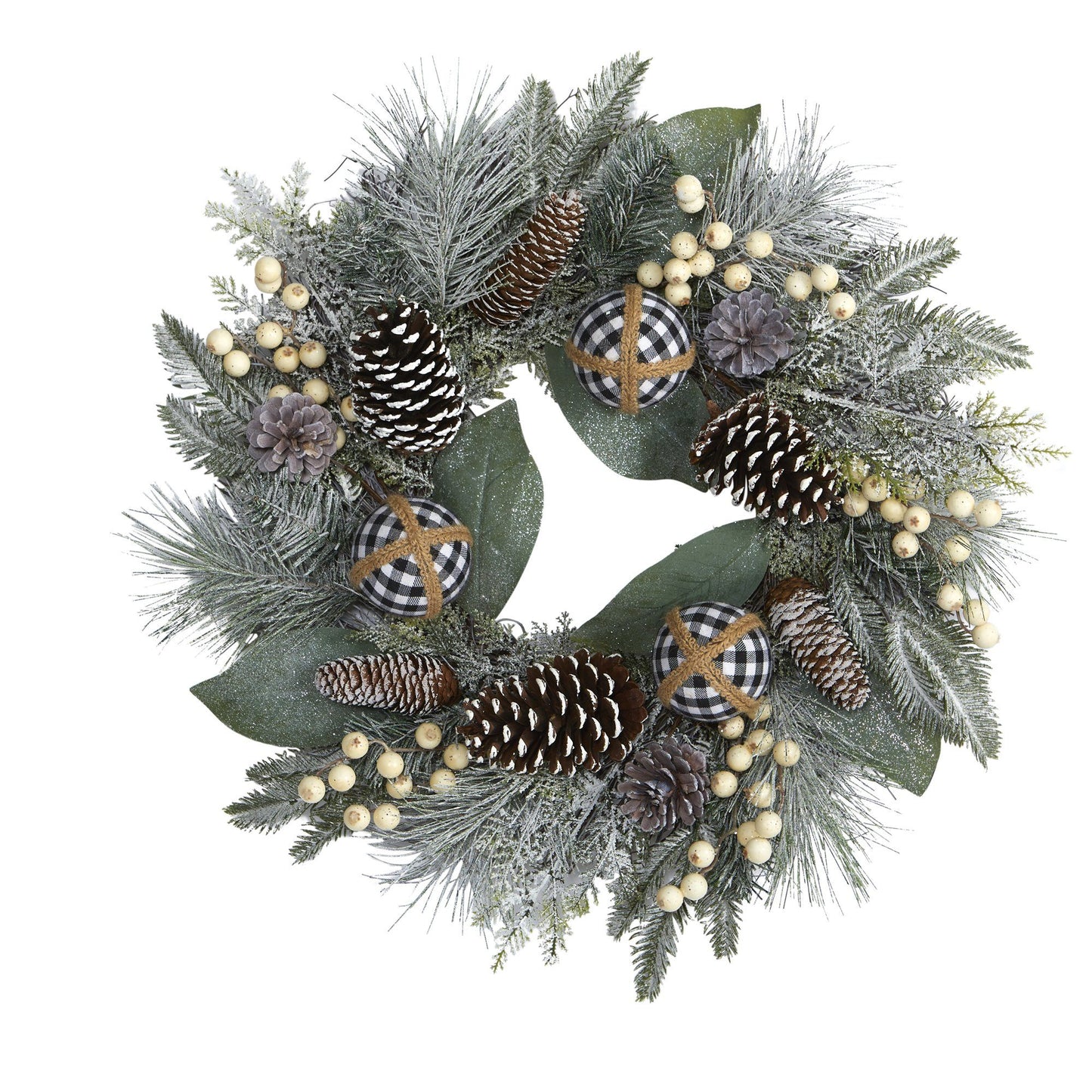 24" Holiday Wreath with Berries Pine Cones and Ornaments