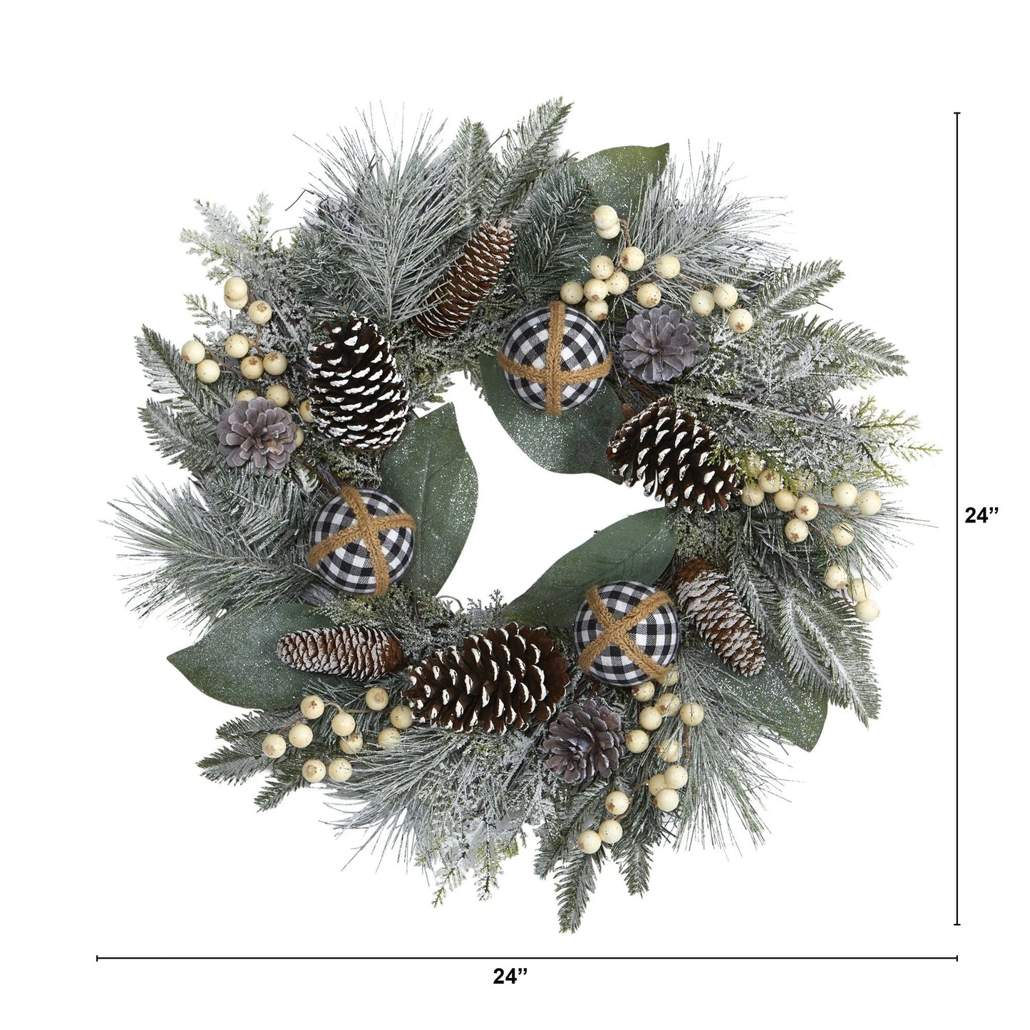 24" Holiday Wreath with Berries Pine Cones and Ornaments