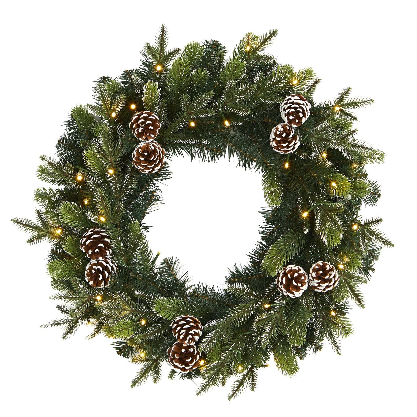 24" Snowed Pinecone Xmas Wreath with 35 Clear LED Lights