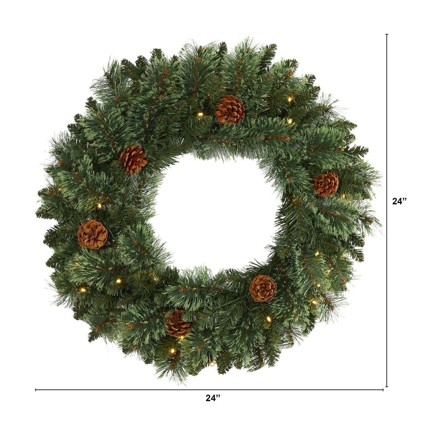 24" White Mountain Pine Xmas Wreath w/35 LEDs and Pinecones