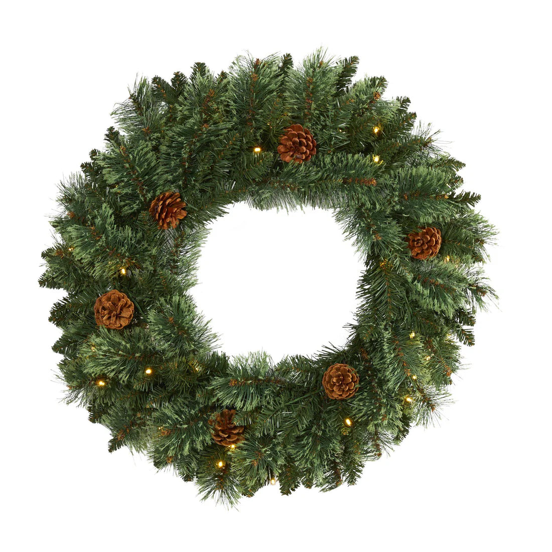 24" White Mountain Pine Xmas Wreath w/35 LEDs and Pinecones