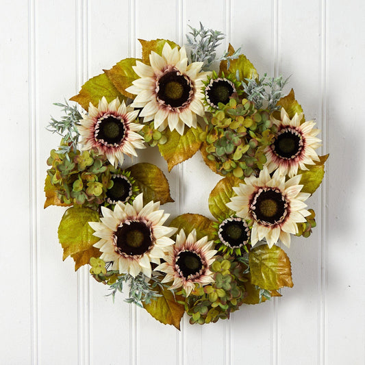 24" White Sunflower and Hydrangea Artificial Autumn Wreath