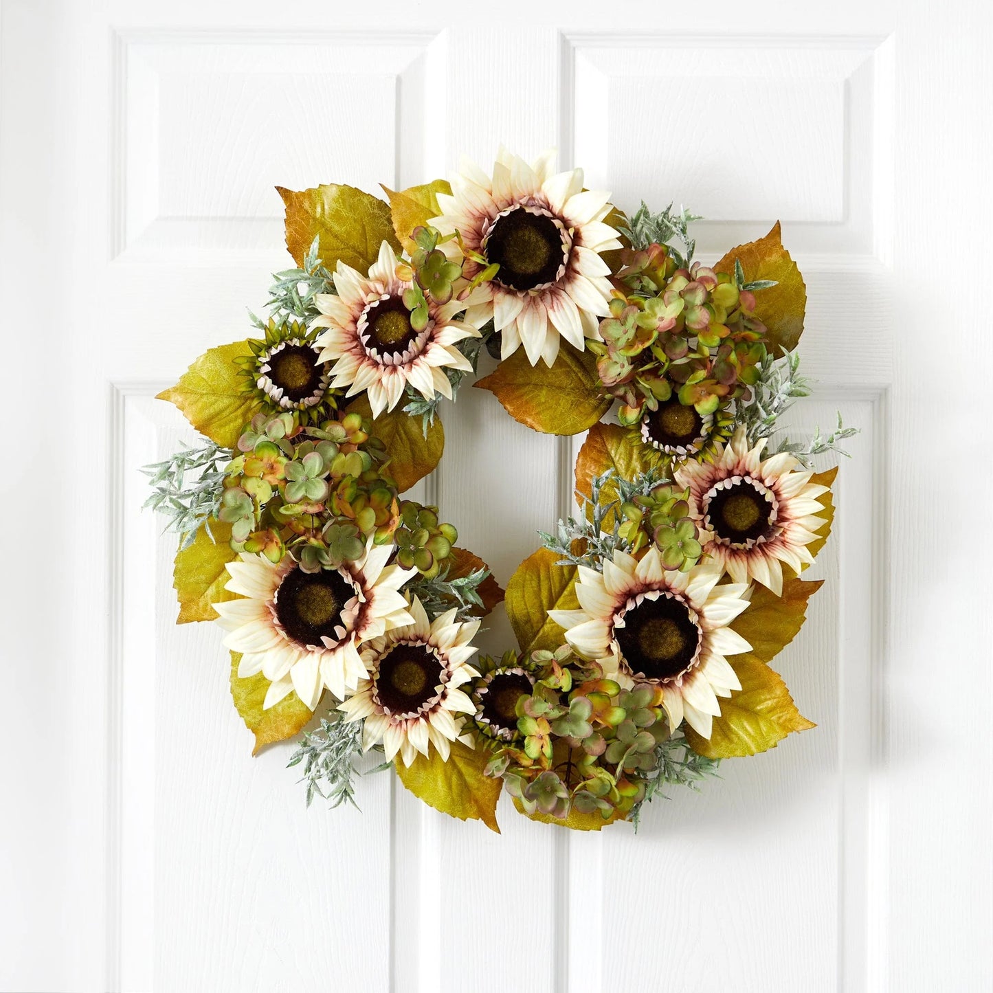 24" White Sunflower and Hydrangea Artificial Autumn Wreath