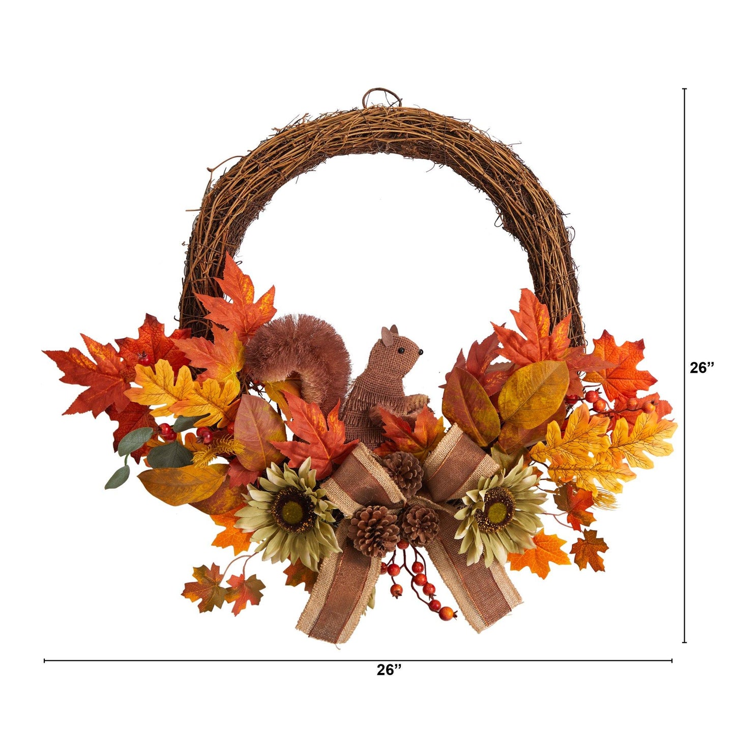 26” Fall Harvest Artificial Autumn Wreath with Twig Base and Squirrel