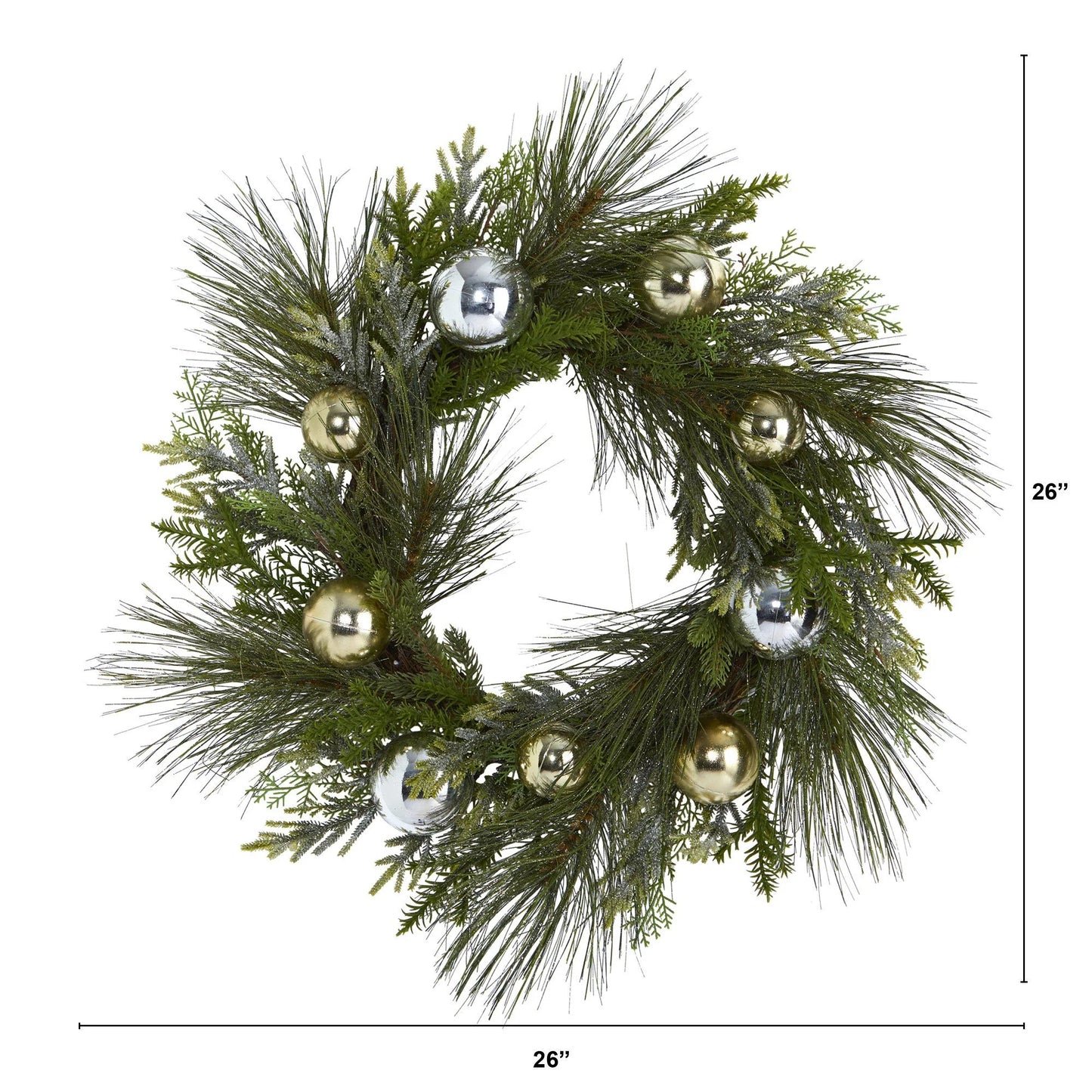 26" Sparkling Pine Wreath with Decorative Ornaments