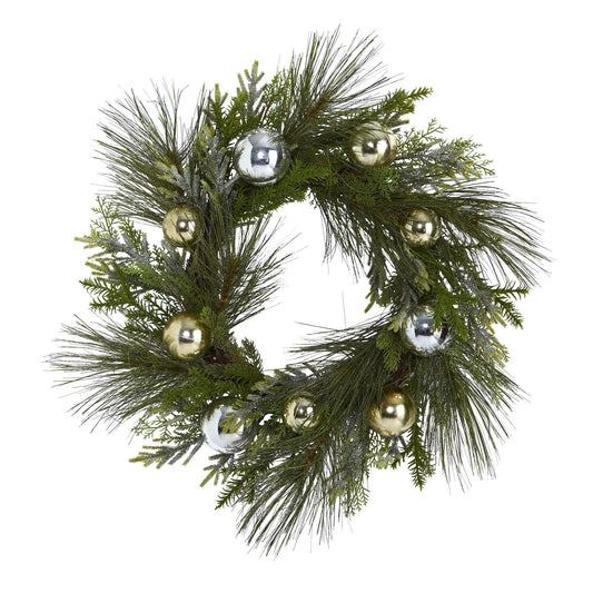 26" Sparkling Pine Wreath with Decorative Ornaments