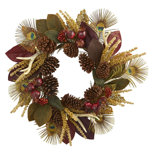 27" Magnolia Leaf Berry Antler and Peacock Feather Wreath