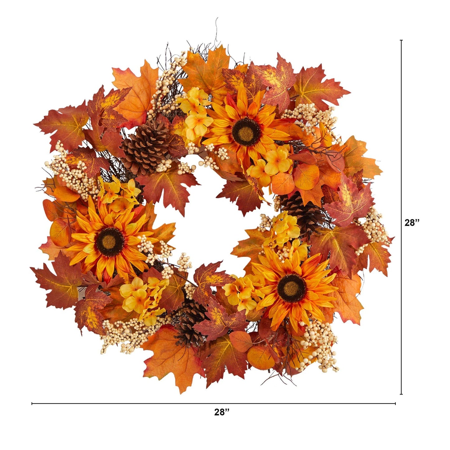 28" Maple Leaves, Sunflower and Pinecones Fall Wreath