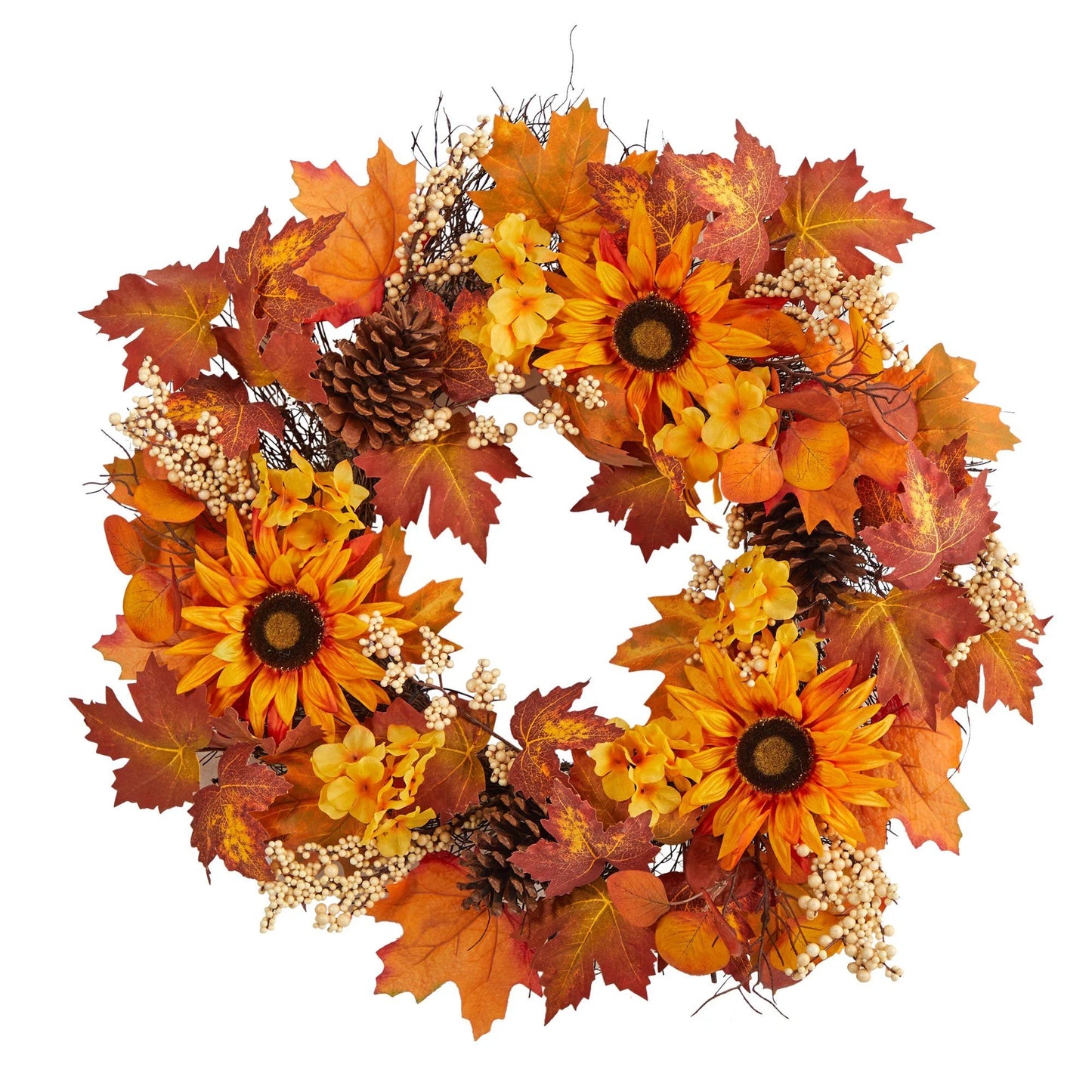 28" Maple Leaves, Sunflower and Pinecones Fall Wreath