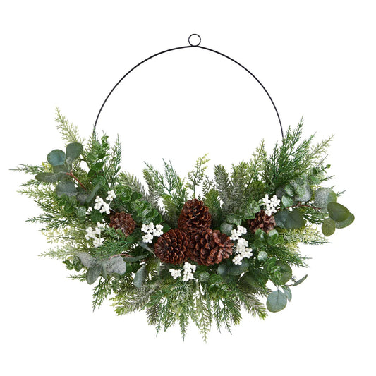 28" Xmas Pine, Eucalyptus, and Berries Metal Circlet Wreath