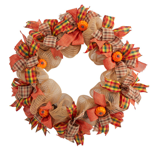 30" Halloween Pumpkin with Decorative Bows Artificial Wreath