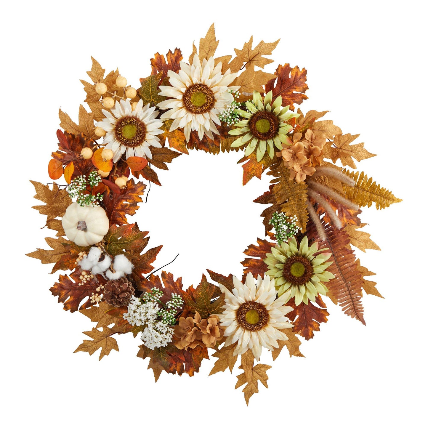 30" Sunflower, White Pumpkin and Berries Fall Wreath