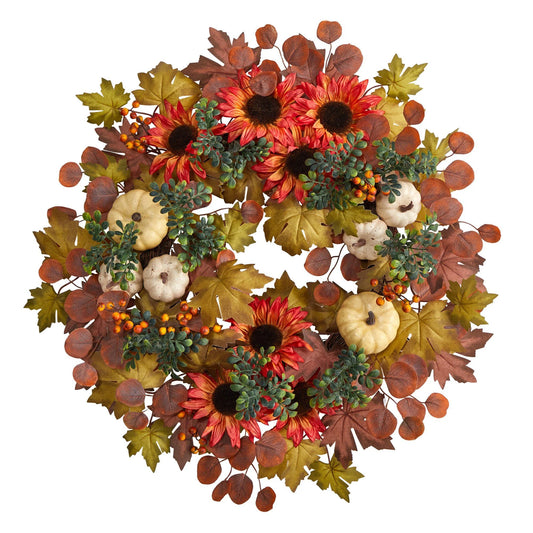 30" Sunflower, Pumpkin and Maple Leaf Artificial Fall Wreath