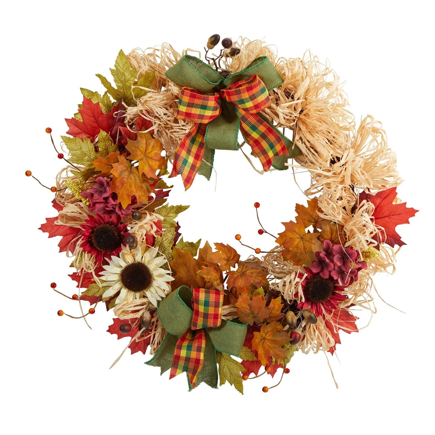 30" Harvest, Sunflower, Maple Leaves & Berries Wreath w/Bows