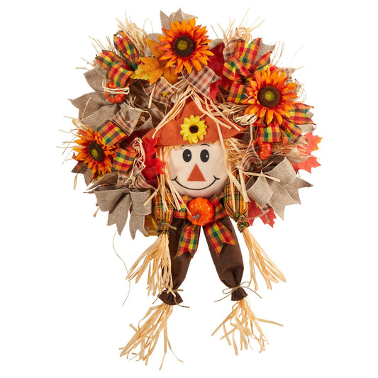 30" Scarecrow Wreath w/Sunflower, Pumpkin and Bows