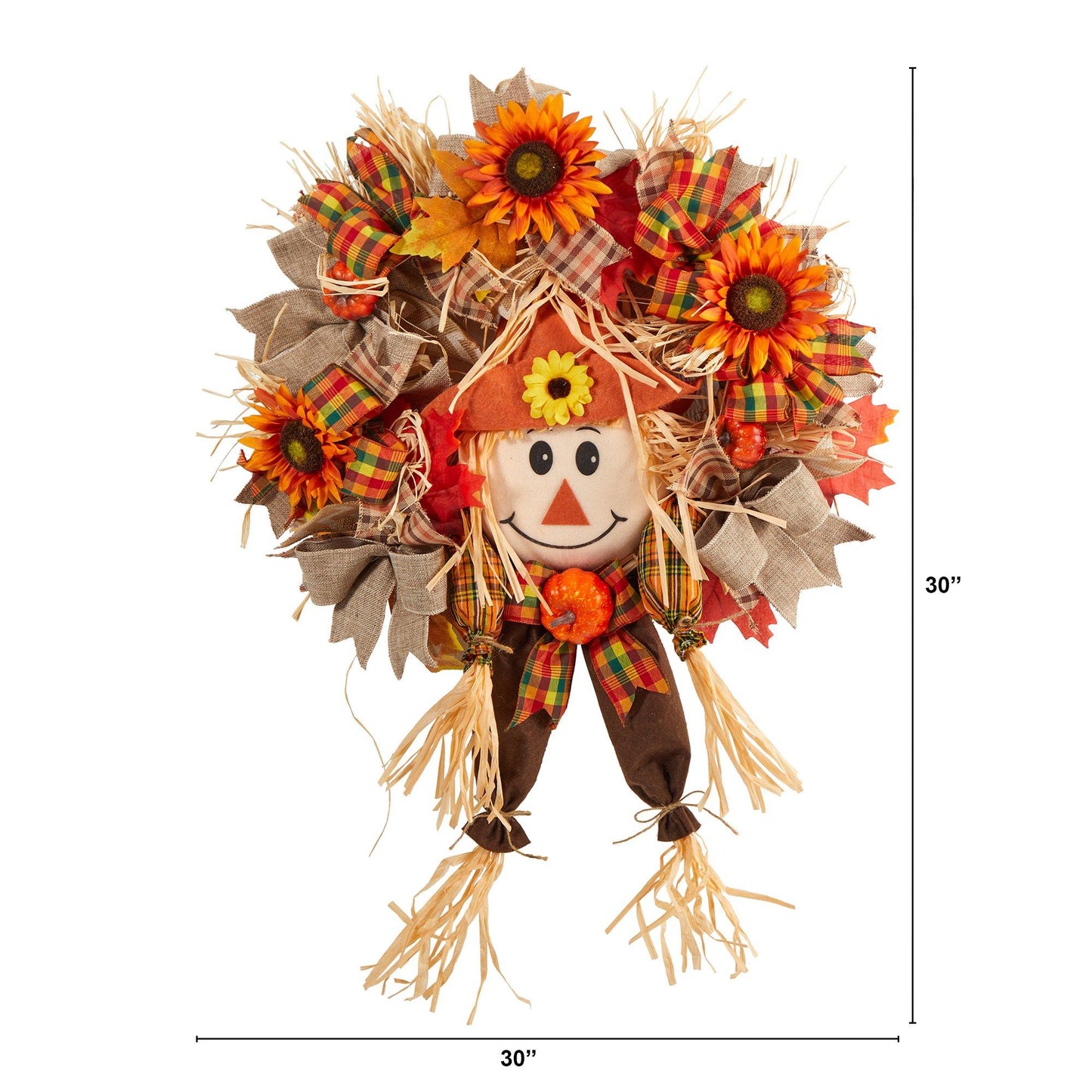 30" Scarecrow Wreath w/Sunflower, Pumpkin and Bows