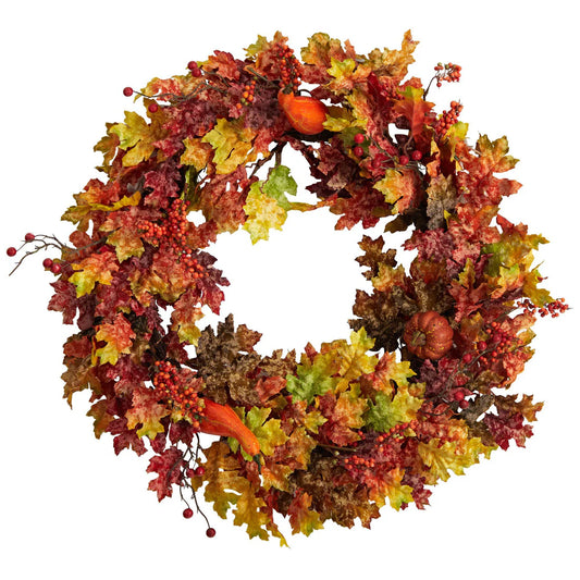 32" Autumn Oak Leaf Berries and Pumpkin Autumn Wreath