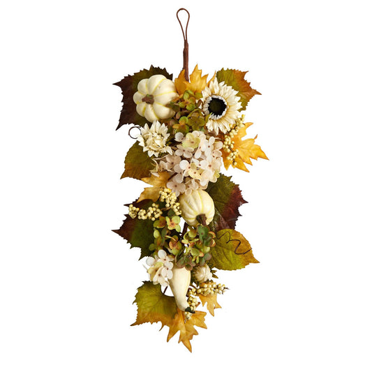 33" Fall Sunflower Hydrangea and Pumpkin Teardrop