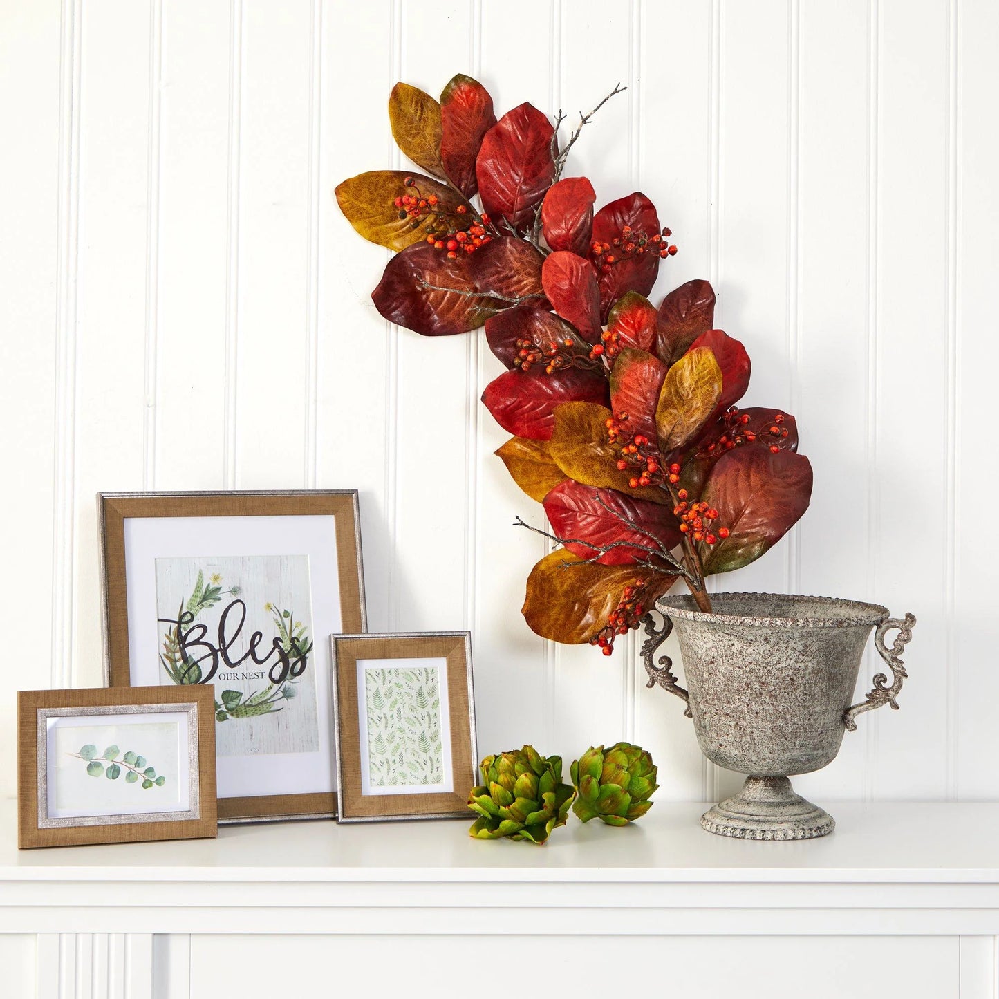 36" Autumn Magnolia Leaf with Berries Artificial Tear Drop