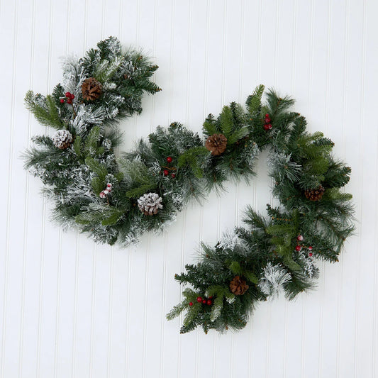 6" Flocked Garland w/50 LEDs, Pine Cones, Berries & 180 Tips