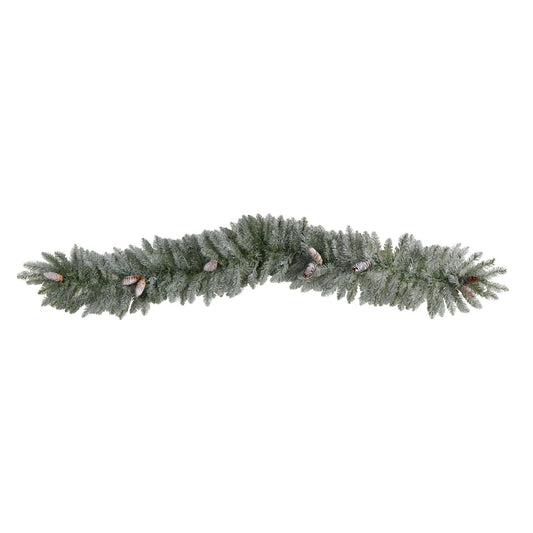 6' Frosted Xmas Garland with Pinecones and 50 LEDs