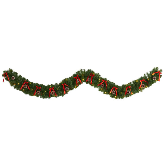 9’ Bow and Pinecone Christmas Garland w/35 Clear LED Lights