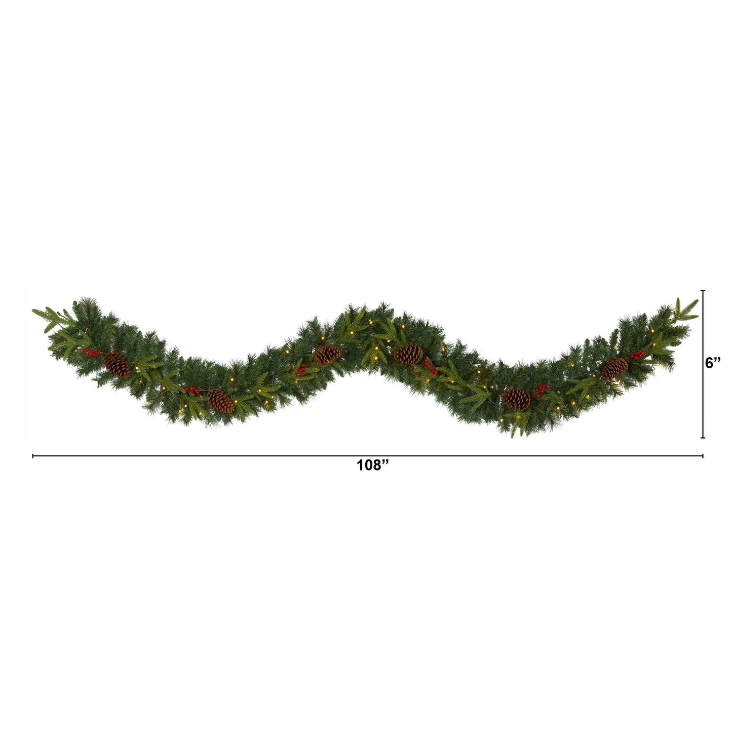 9’ Mixed Pine Xmas Garland w/50 LEDs, Berries and Pinecones