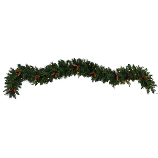 9' Pines & Pinecones Christmas Garland w/286 Lvs & 70 LED’s