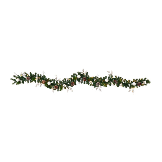 9’ Ornament and Pinecone Xmas Garland w/50 Clear LED Lights