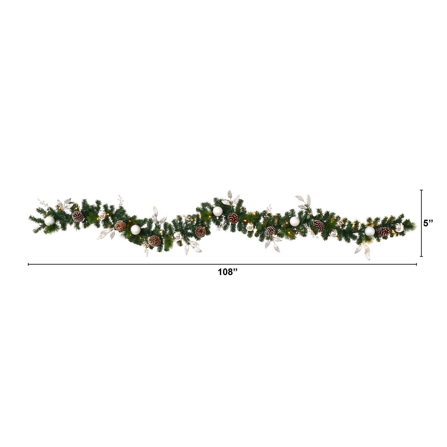 9’ Ornament and Pinecone Xmas Garland w/50 Clear LED Lights